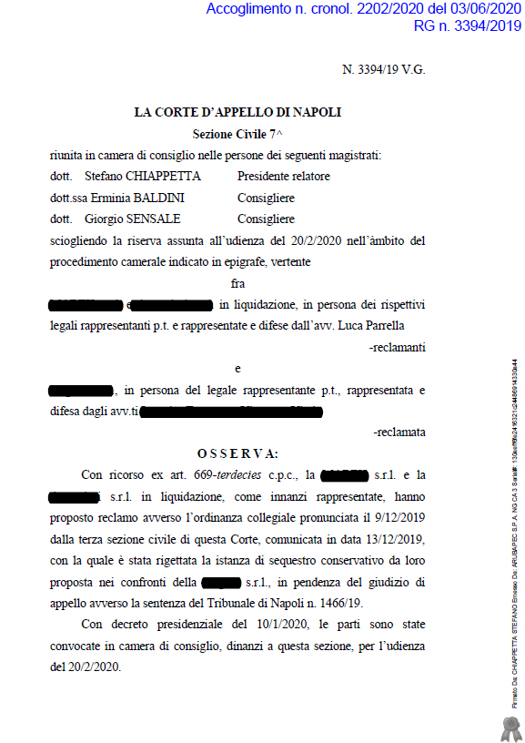Sequestro conservativo dopo la sospensione ex art. 283 cpc Parrella & Associati